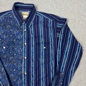 Express Rider Western Shirt Medium Blue Paisley Stripe Pearl Snap Long Sleeve